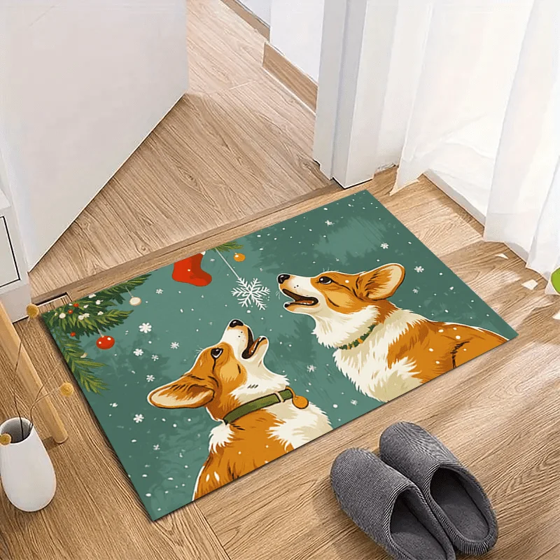 1pc Two Corgis Watching Snowflake Christmas Welcome Doormat, Soft Absorbent Non‑Slip Washable Quick‑Dry Floor Mat for Entryway