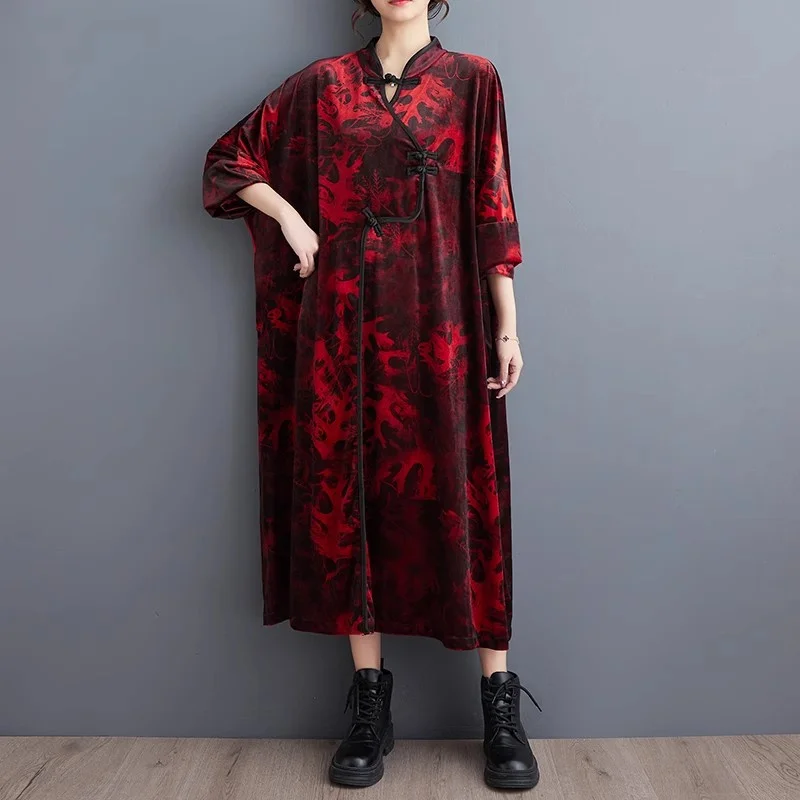 2024 Spring Autumn Retro Literature Art Chinese Style Velvet Dress Printed Button Stand Neck Fashion Large Size Clothes Z4103