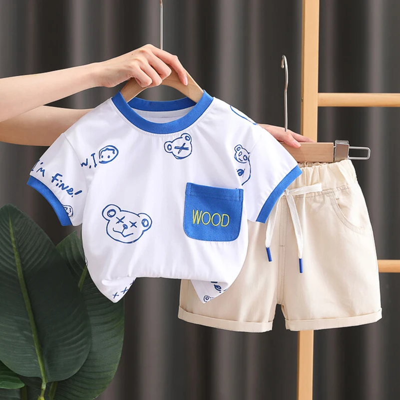 2pcs/New Summer Lovely bear random print  pattern Breathable Shirts + Solid color with pocket Drawstring shorts/6-12M-5Y