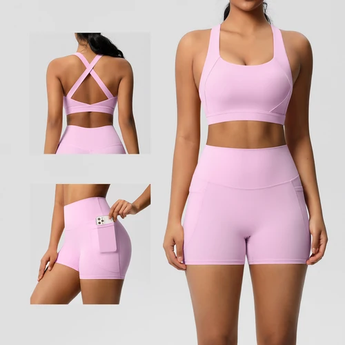 Imagen 1 del producto Ropa deportiva con bolsillo para mujer, conjunto de Yoga, ropa de gimnasio, trajes de Yoga para mujer, chándales, pantalones cortos deportivos, sujetador cruzado, mallas de gimnasio, 2 uds.