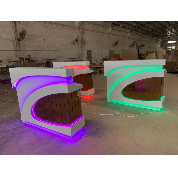 High Quality Remote Control RGB Led Small Wood Reception Desk Modern Glass Laundry Reception Front Counter