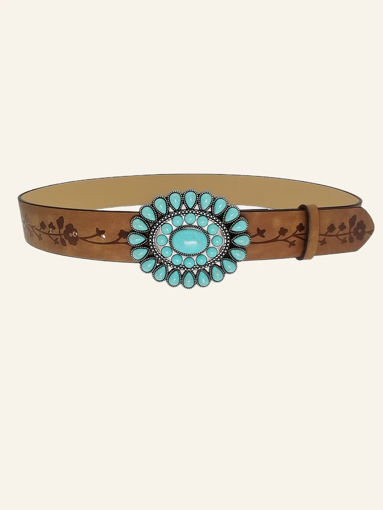 1PC Womens Western-Style Belt with Vintage Boho Turquoise Buckle - Embossed Brown Faux Leather for Casual and Dress Wear