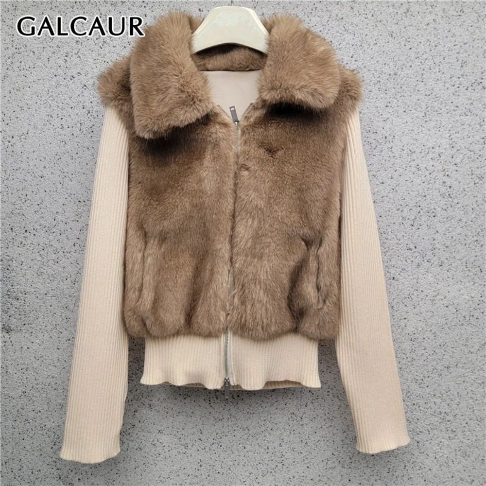 

GALCAUR Solid Spliced Fur Streetwear Jacket Female Lapel Long Sleeve Slimming Casual Lazy Women's Jackets Autumn Style Fashion