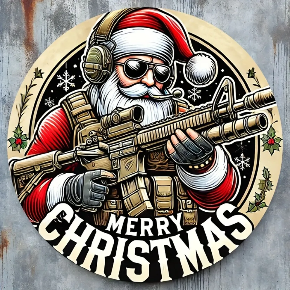 التكتيكية سانتا علامة معدنية تنقش الجندي سانتا مع بندقية قناص وديكور المنزل عيد الميلاد ، موضوع عسكري عطلة الطرف #1