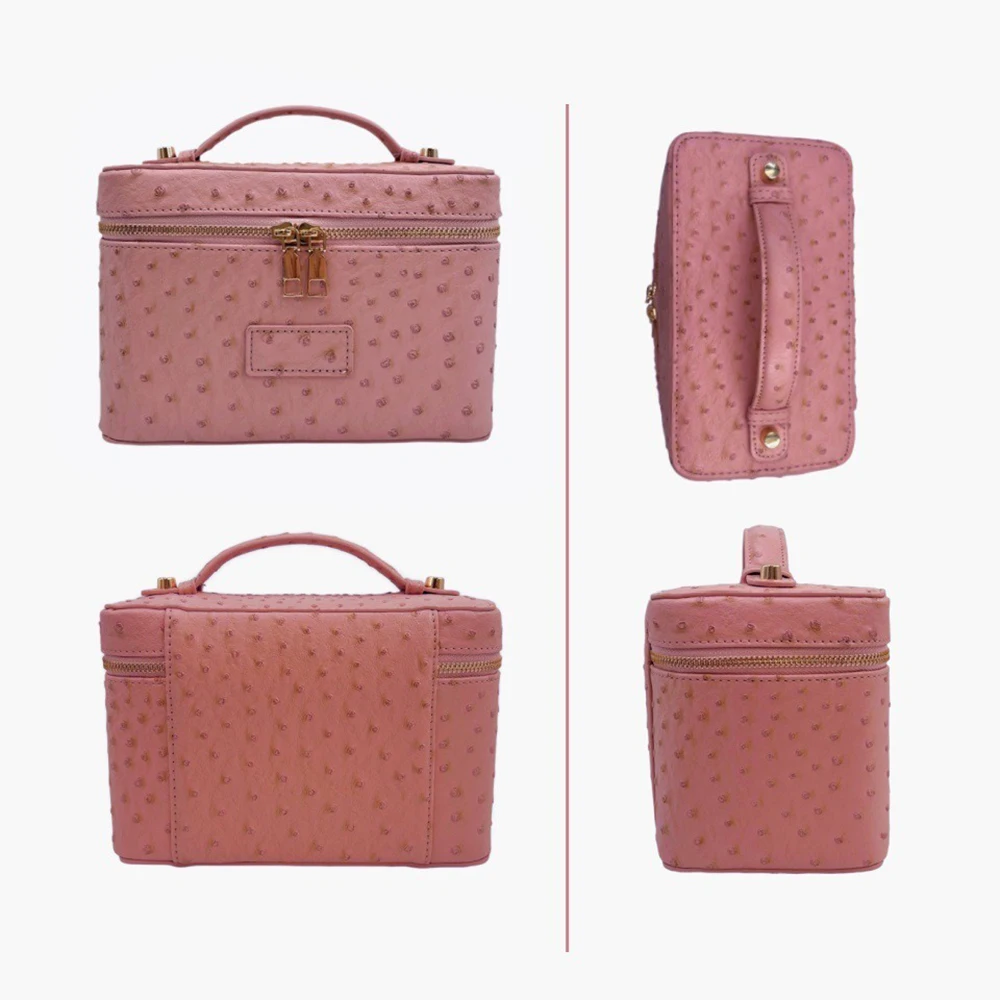 Bolsa de Cosméticos con Estampado de Avestruz, Marca Privada, Vegana, para Almacenamiento de Maquillaje, Duradera - con Logotipo Personalizado, Bolso de Cuero, 2 Colores, Embalaje