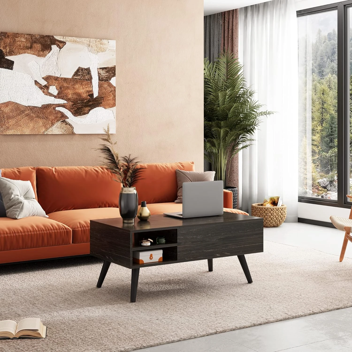 Coffee Table with Hidden Compartment and Adjustable Storage Shelf, Lift Tabletop Dining Table for Home Living Room, Office