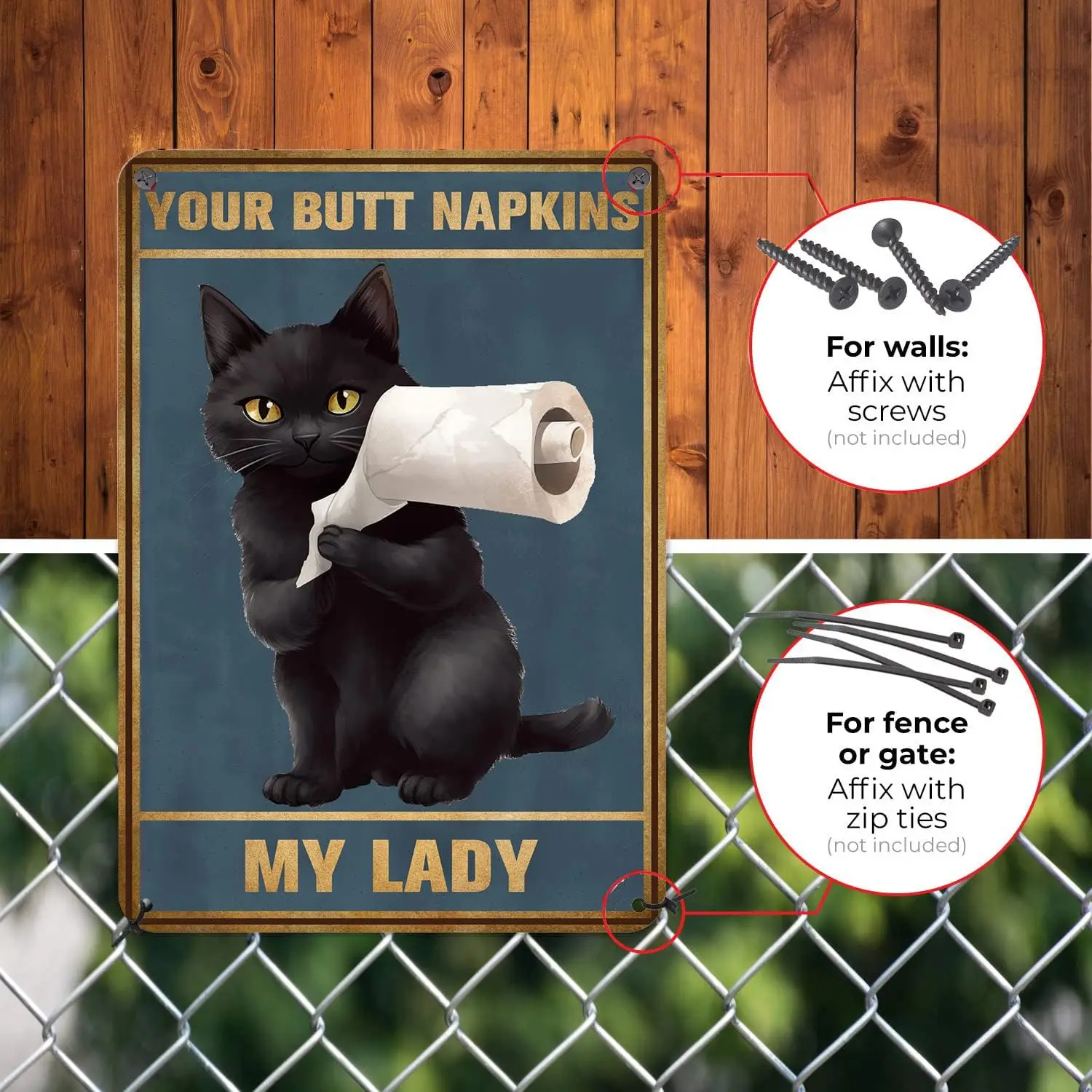 Funny Bathroom Artwork for Wall Art Decor Your Butt Napkins My Lady Black Cat Metal Tin Sign 12x8 Inches