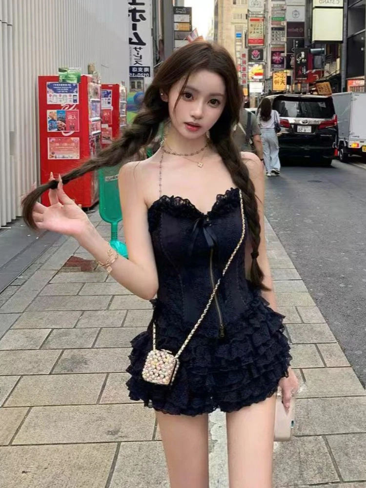 أزياء حلوة مثير سليم حبال 2 قطعة مجموعة النساء تصميم Kawaii Y2k جديد الدانتيل قبالة الكتف دعوى الإناث + عالية الخصر تنورة قصيرة