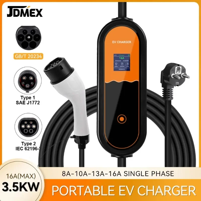 JDMEX3.5KWPortableEVChargerType2CarChargerType1GBT16A1PEUPlugEVSEWallboxCharger3.5MforElectricVehicle