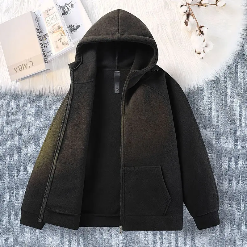 

2024 Autumn and Winter Fashion Solid Color Thick Warm Lamb Fleece Hoodie Men's Casual Loose Sports Large Size High-Grade Coat