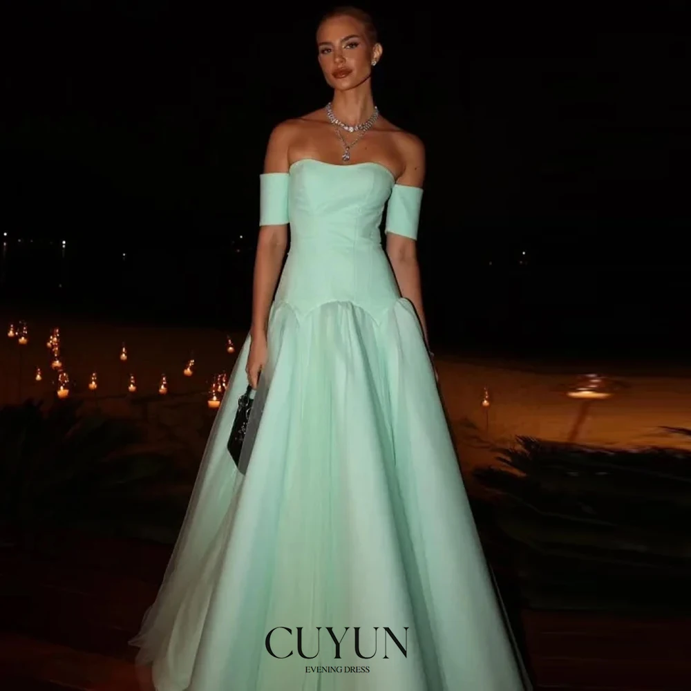 

CUYUN Mint Green Elegant Evening Dresses Women Long Prom Dresses Off the Shoulder Draped A Line Party Dresses Customized