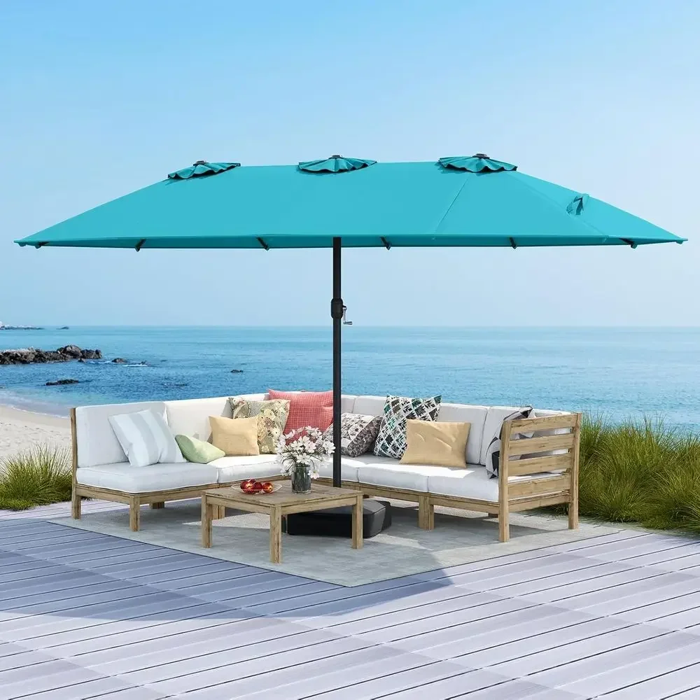 Extra Large Turquoise Patio Umbrella with Crank, 12 Ribs, Air Vents, and Sand Bag Base
