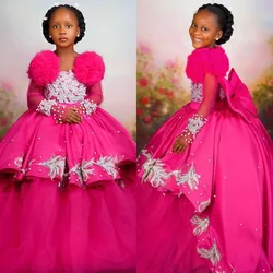 Luxury Pearls Flower Girl Dresses Fuchsia Long Sleeves Crystal Customized Kids Baby Dress for Wedding First Birthday Party Gowns