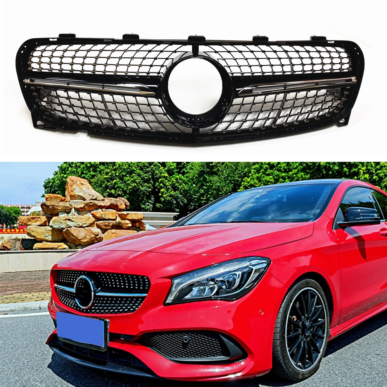 

For Mercedes Benz X156 GLA Class 2017-2019 GLA180 GLA200 GLA250 GLA45 Front Grille Grill Black Car Upper Bumper Hood Mesh Grid