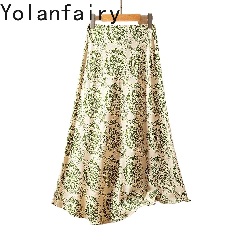 

YOLANFAIRY 70% Mulberry Silk 30% Cotton Skirts for Women French Print Slanted Summer Skirt Skirt Long Elegant Midi Skirt 미디 스커트