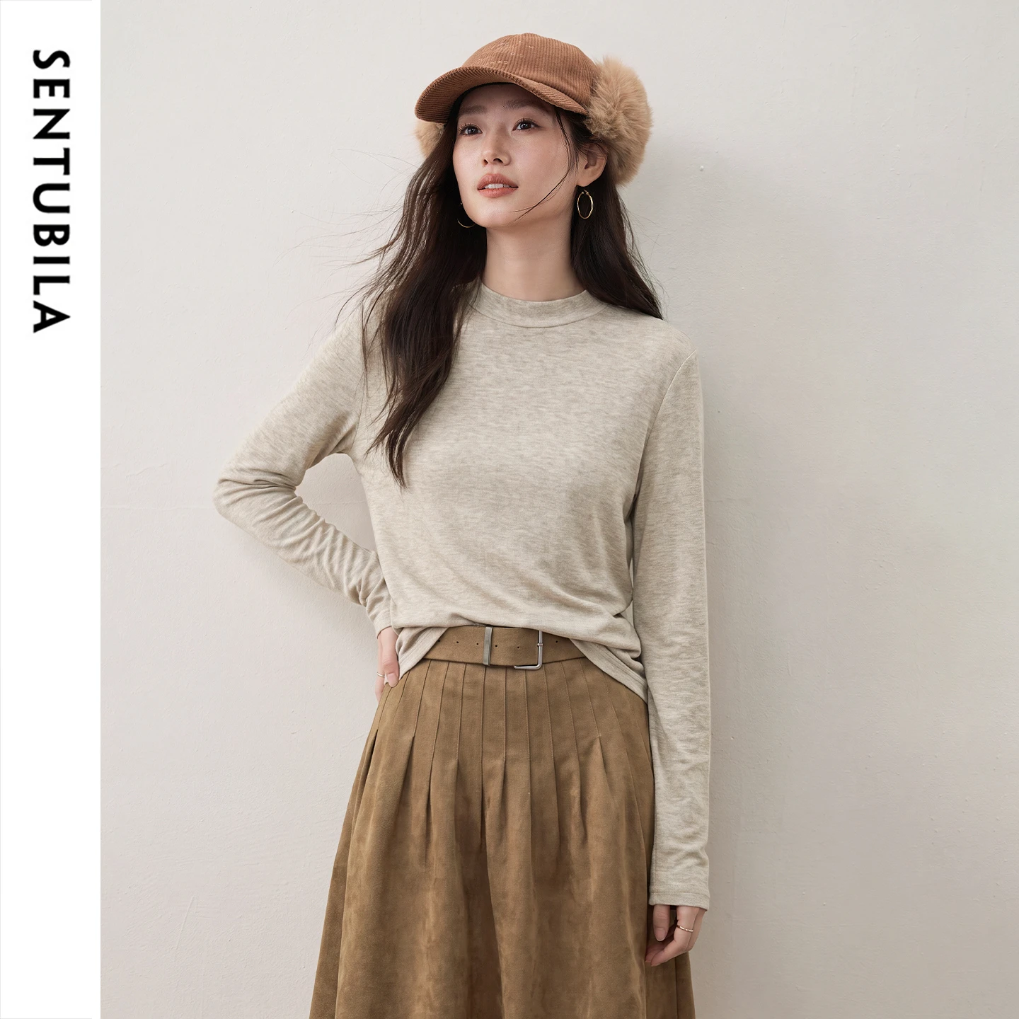 SENTUBILA Women Knitted Sweater Mock Neck Merino Wool Blend 2026 Fall Capsule Wardrobe Top Versatile Layering Pullover 163SF7948