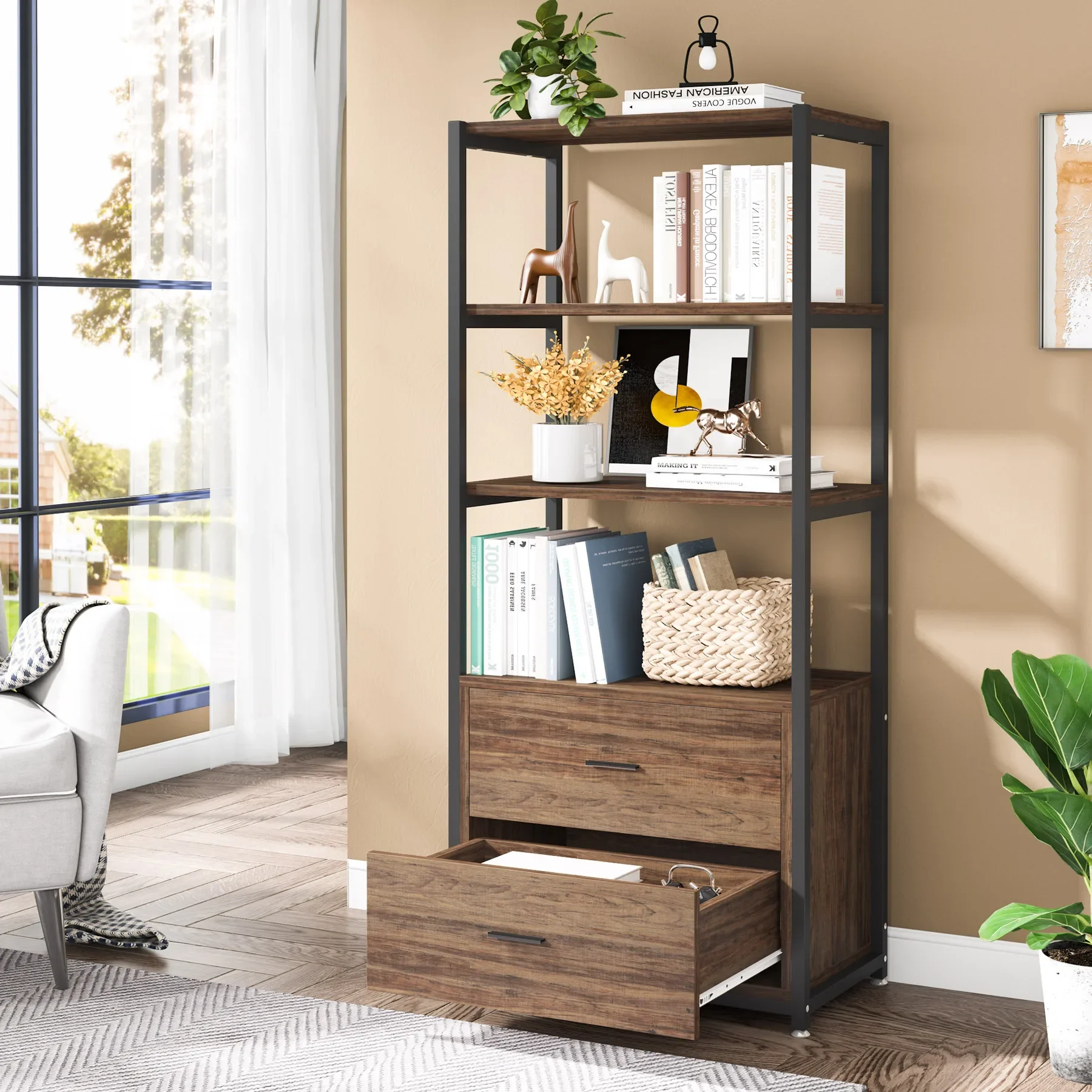 Tribesigns Bookshelf 4 Tier Etagere Display Bookcase Wooden Living Room Furniture with 2 Drawers