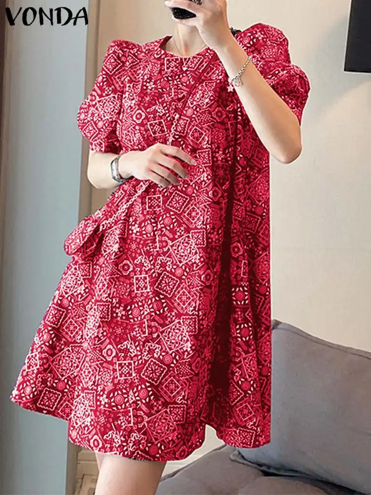 

Mini Dress VONDA Women Summer Bohemian Short Puff Sleeve Sundress 2024 Fashion Vintage Printed Vestido Elegant Casual Loose Robe