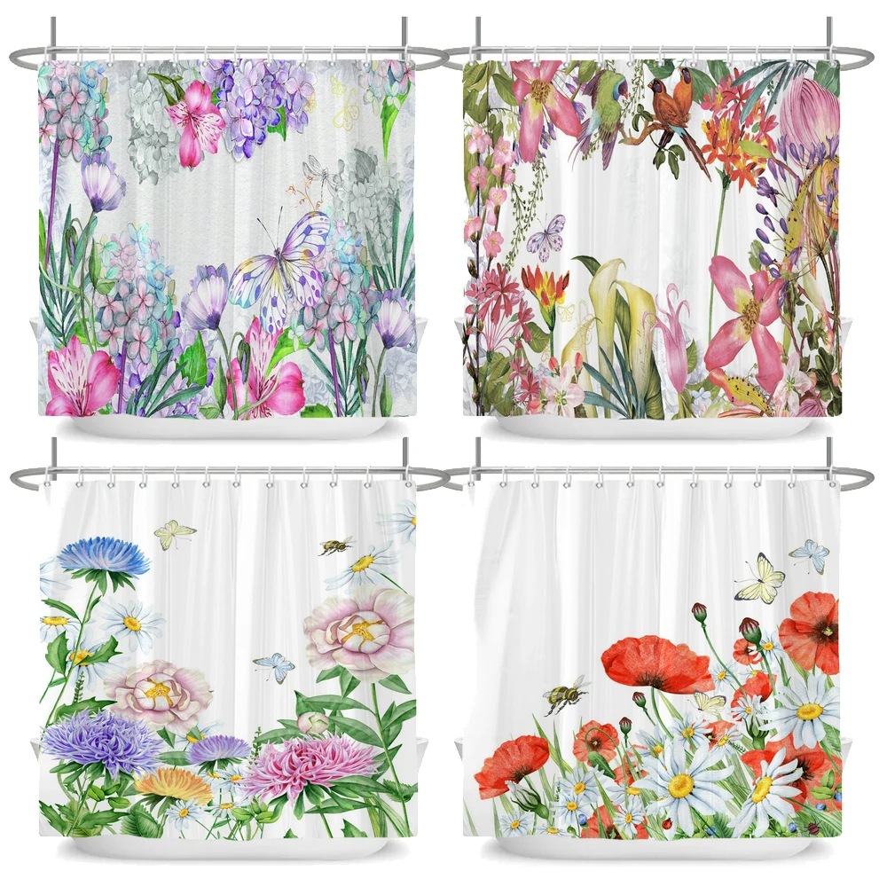 

Flower Butterfly Red Rose Small Fresh Shower Curtains Bathroom Curtain Frabic Waterproof Polyester Bathroom Curtain with Hooks