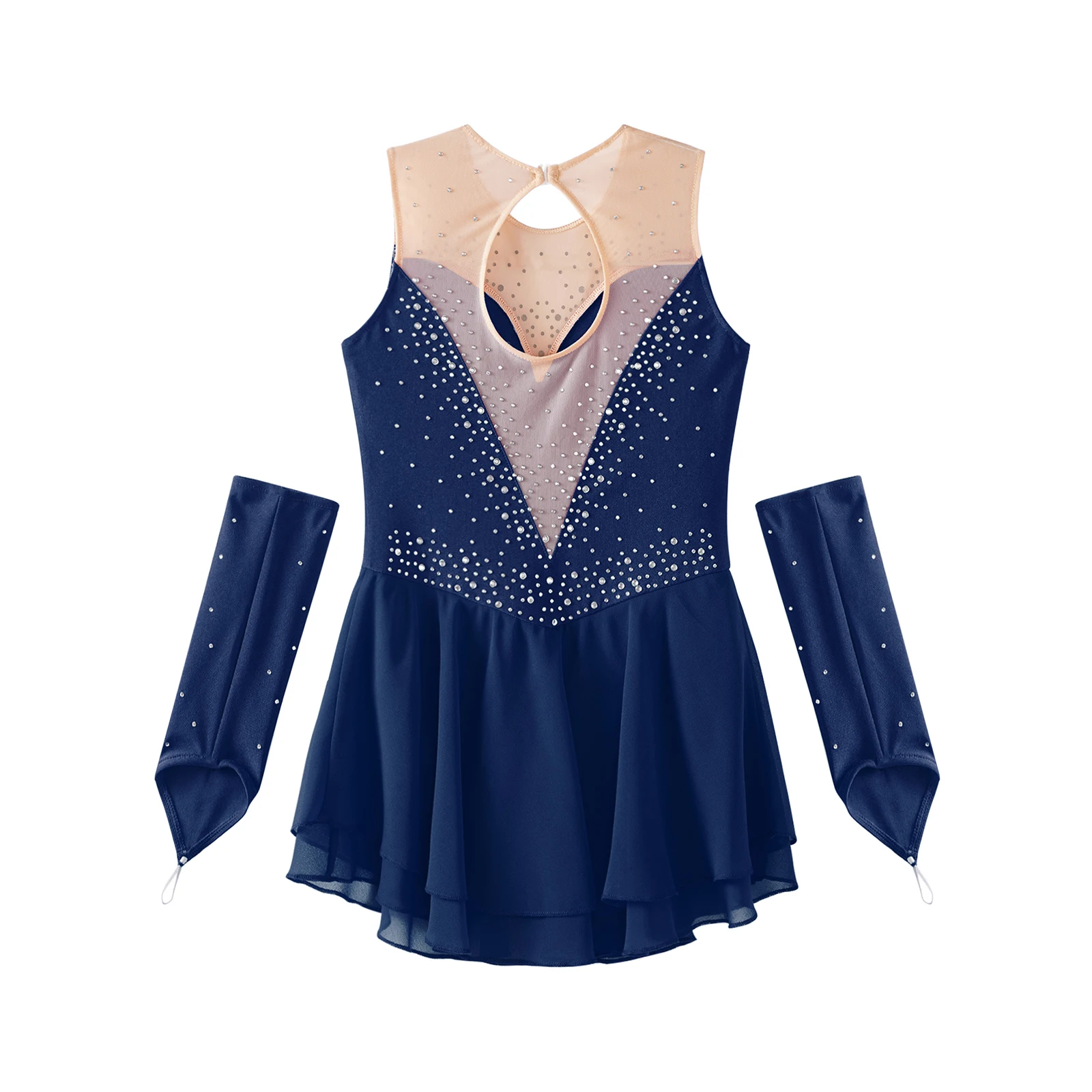 Kids Girls Artistic Figure Skating Ballet Lyrical Dance Outfit Glittering Rhinestone Rhythm Gymnastics Dance Dress with Gloves