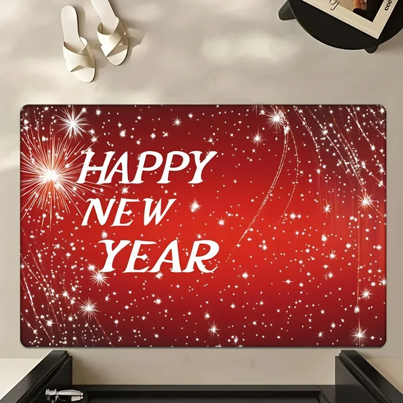 

Open, 1pc Flannel Thickness Thick Flannel New Year's Day Mat, Red Background Happy New Year Lettering Decorative Print
