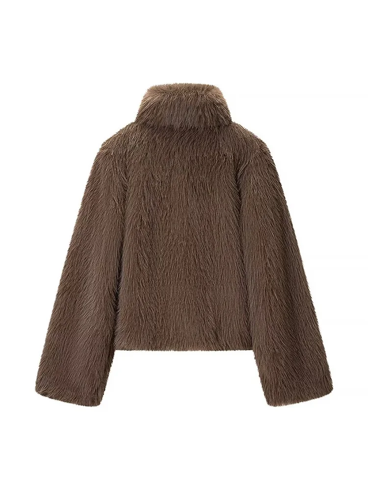 Elegancka, ciepła kurtka damska z długim rękawem, imitacja futra, zapinana na jeden guzik, stójka, krótki płaszczyk w stylu high street.