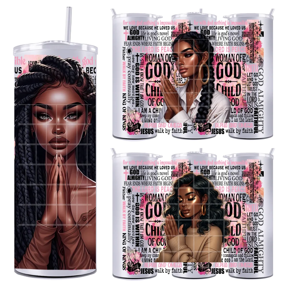 Vinilos DTF UV para vasos, con diseño de chicas afroamericanas rezando, duraderos, listos para aplicar, para vasos rectos y delgados de 20 onzas.