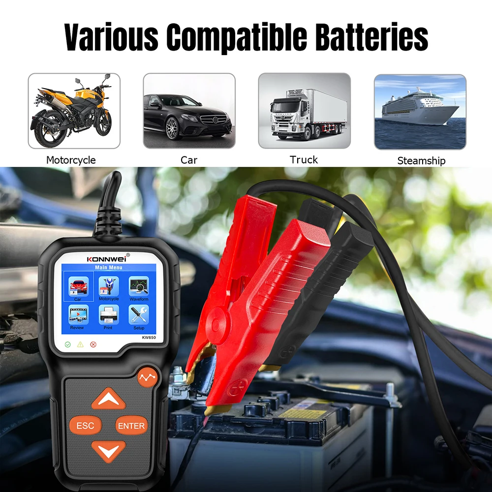 KW650 High Precision Car Moto Battery Tester 6V To 12V Lithium Lead-acid AGM Battery Analyzer Auto Cranking Charging Test Tools