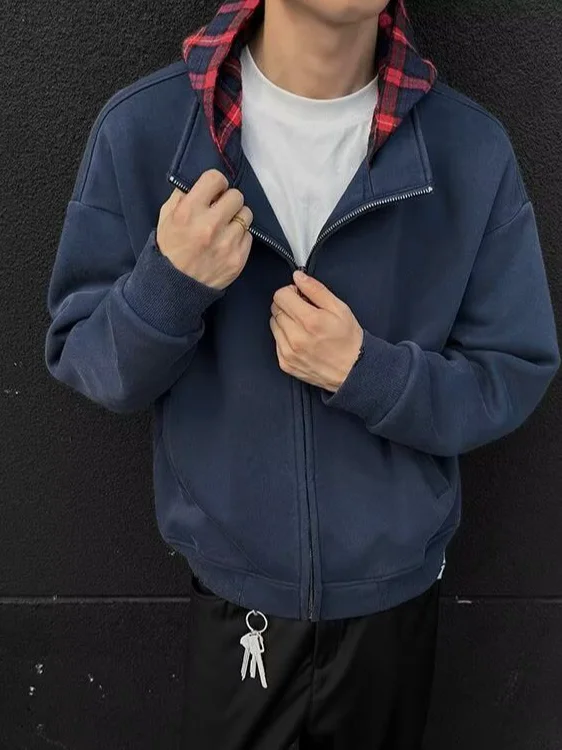 

Клетчатая лоскутная толстовка с капюшоном Jaet для мужчин и женщин, винтажная американская уличная ложная двухсекционная открытая кардиган, верхняя одежда Cleanfit