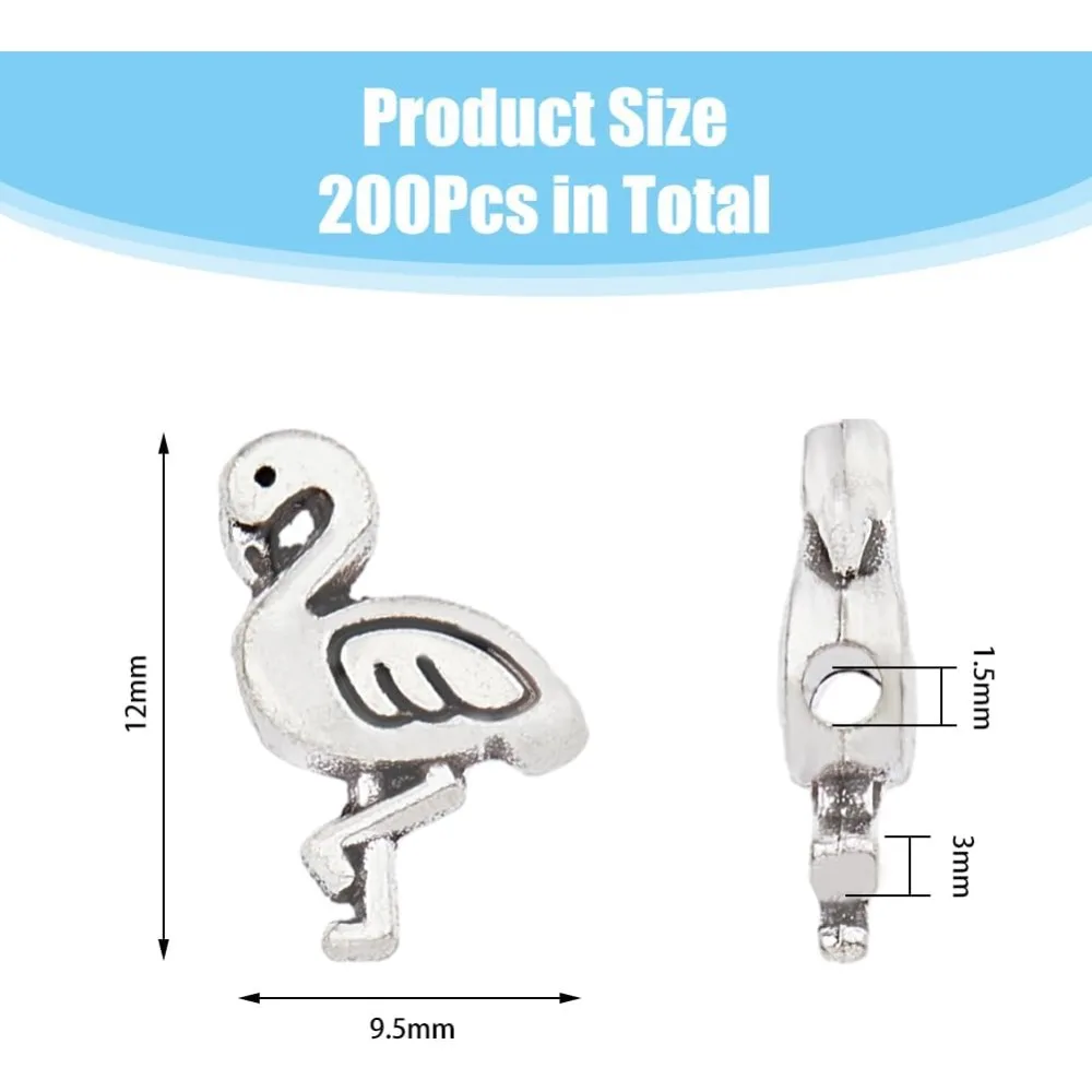 200Pcs Tiny Bead Charms  Flamingo Charms Antique Silver Alloy Beads Animal Spacers Beads Small Loose Beads for DIY Jewelry