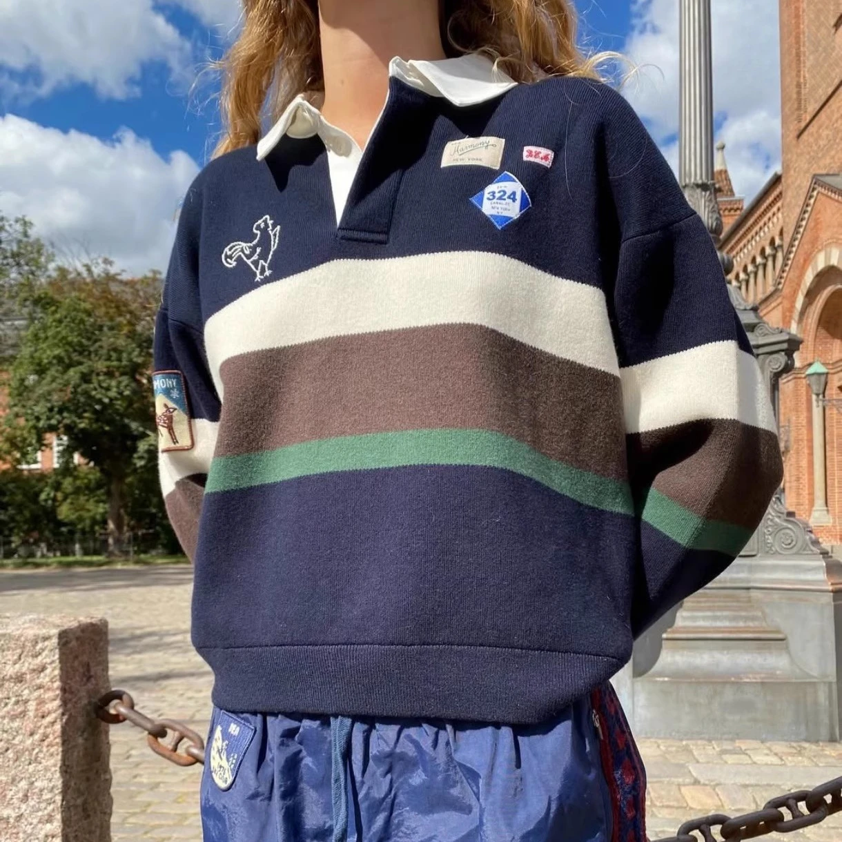 Graphic color blocking long sweater women embroidery details relaxed fit autumn winter sweater female new