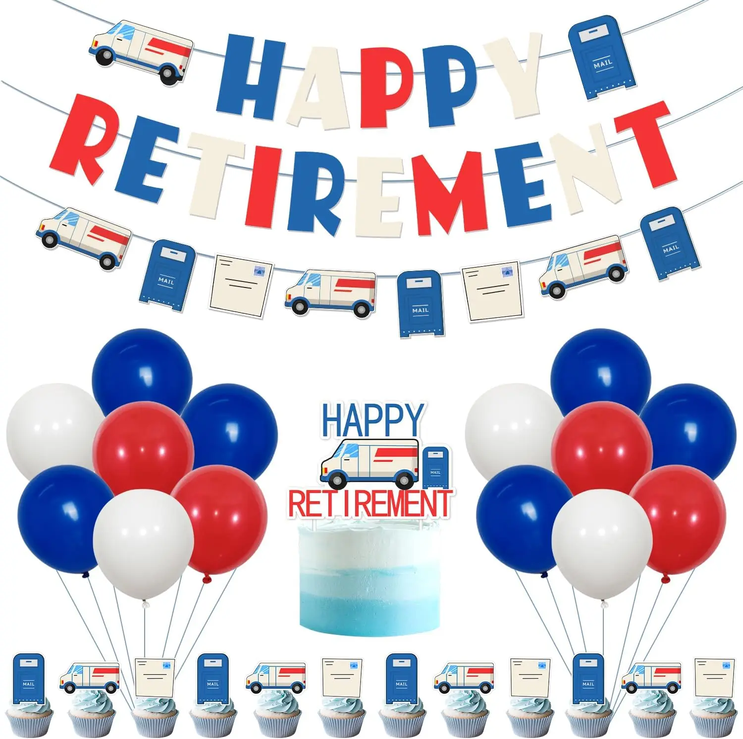 

Sursurprise Mailman Retirement Decorations, Blue Red Mail Happy Retirement Banner Garland Cake and Cupcake Toppers Balloons Kit