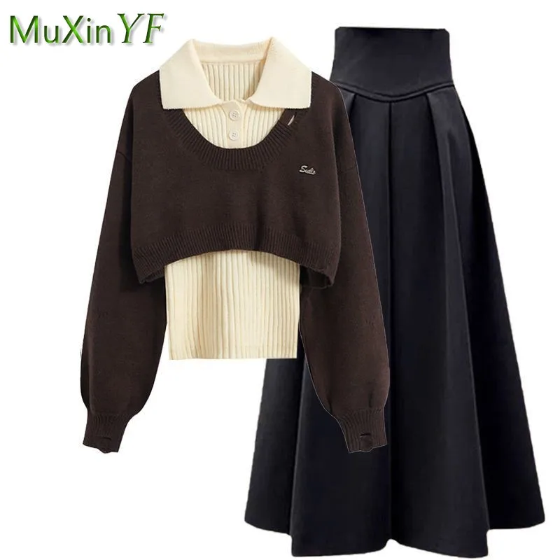 Women Fall/Winter New Retro Short Sweater+Knit Vest+High Waist Midi Skirt 3-Piece Suit Korean Elegant Hoodie Dress Matching Set