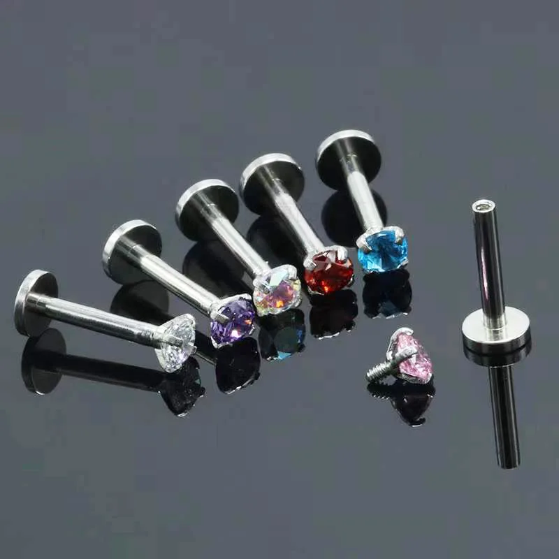 1PC New Surgical Steel Multicolor Labret Lip Ring Anodized Internally Threaded 4 Prong Zircon 16G Tragus Helix Piercing Earrings