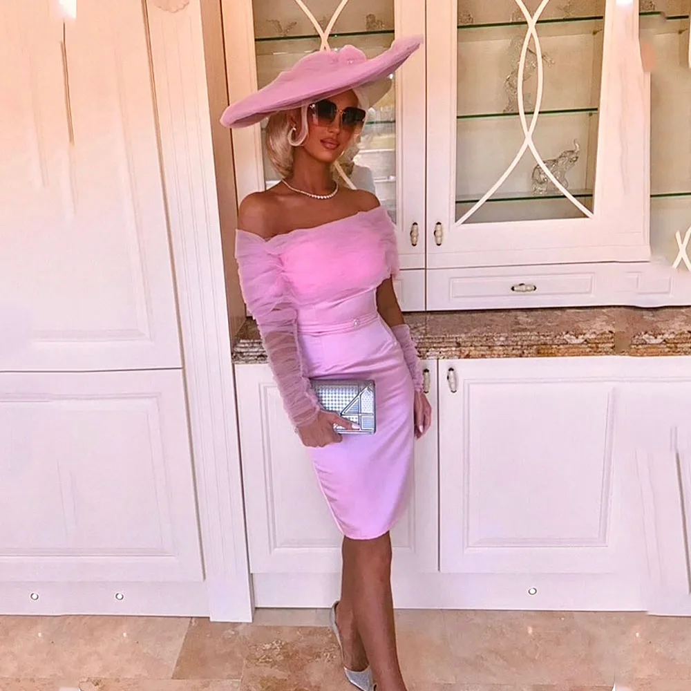 

Knee Length Pink Cocktail Dress Sheath Tulle Off The Shoulder Cocktail Gown For Women Pleat Sleeveless Party Gown