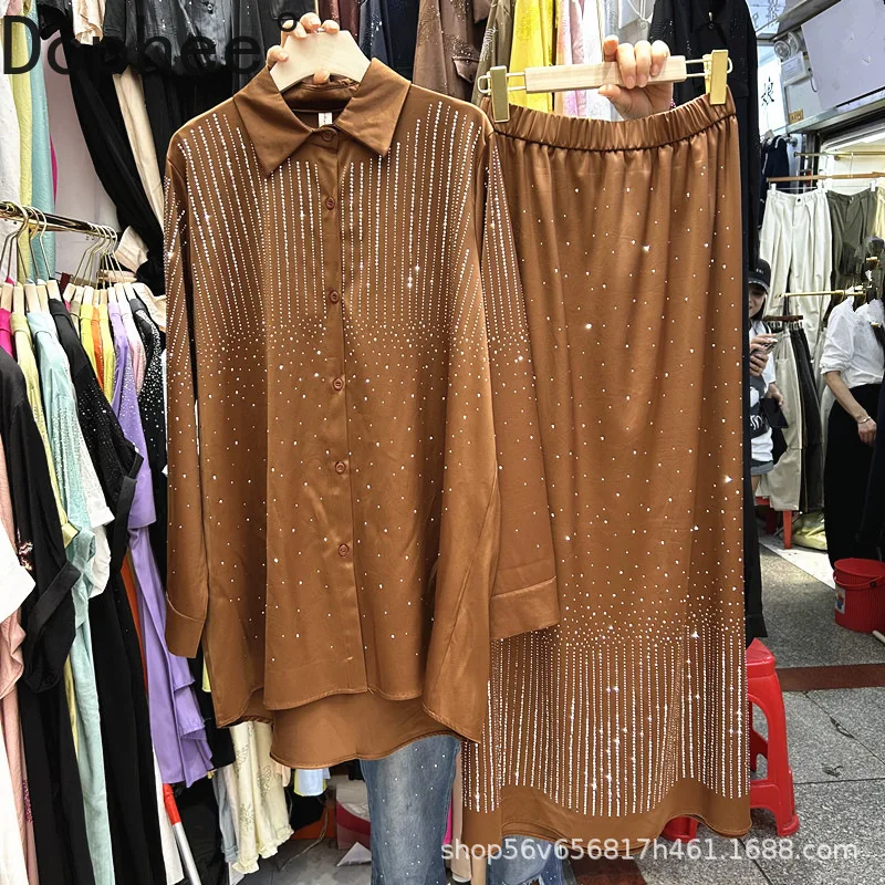 

Модный женский комплект из двух предметов, блестящие свободные кардиганы средней длины с горячим сверлением, топ + бриллианты, универсальные ультрадлинные юбки с эластичной резинкой на талии