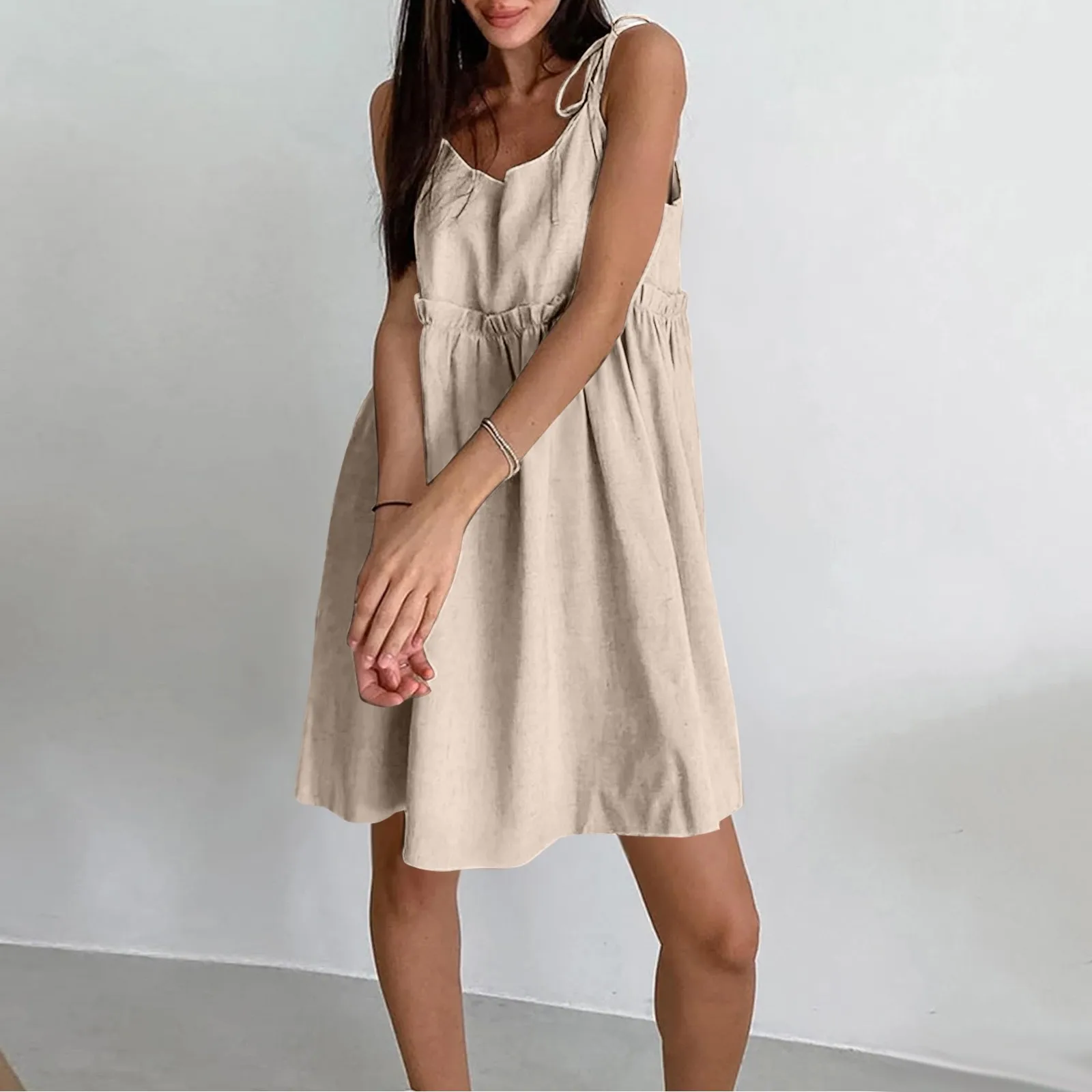 Summer Dresses For Women Cotton Linen Mini Sleeveless Tie Strap Dress Plus New In Dresses 2024 Fashion Sexy Elegant Outwear