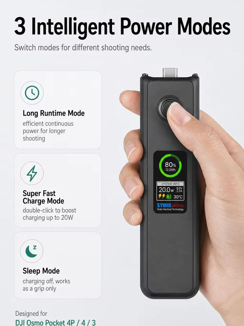 Inteligentny uchwyt zasilający SYMIK 5000mAh 22.5W USB-C z portem 1/4 dla DJI Osmo Pocket 4P 4 3 — Zdjęcie 2 z 2