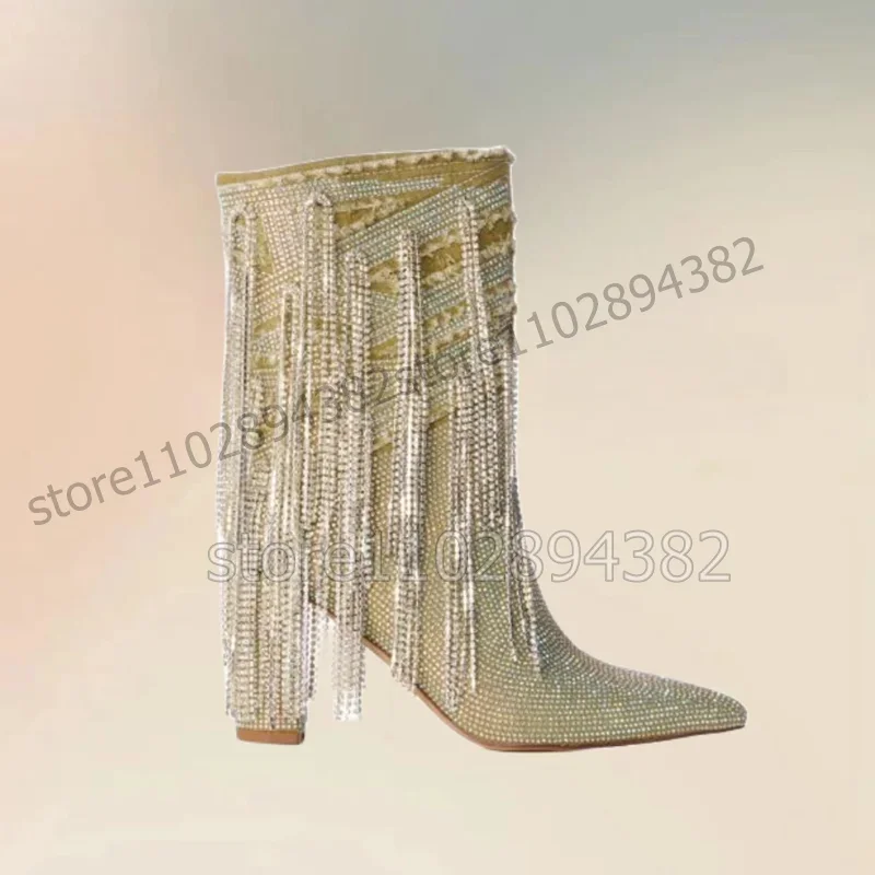 

Crystal Tassels Decor Yellow Ruffles Pointed Toe Boots Slip On Women Shoes Chunky High Heels Fashion 2023 Zapatos Para Mujere
