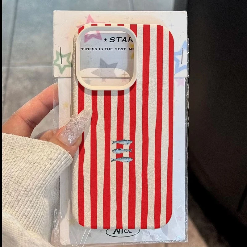Red Striped and Blue Fish Pattern Phone Case For Samsung Galaxy A17 A37 A57 A56 A55 A54 S26 Ultra S25 FE S24 S23 S22 Plus Cover