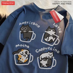 Cat Coffee Pure Cotton Trendy Summer Loose Short Sleeved T-shirt Women Original Mocha Latte Cat Three Flowers Fun Cat Tees