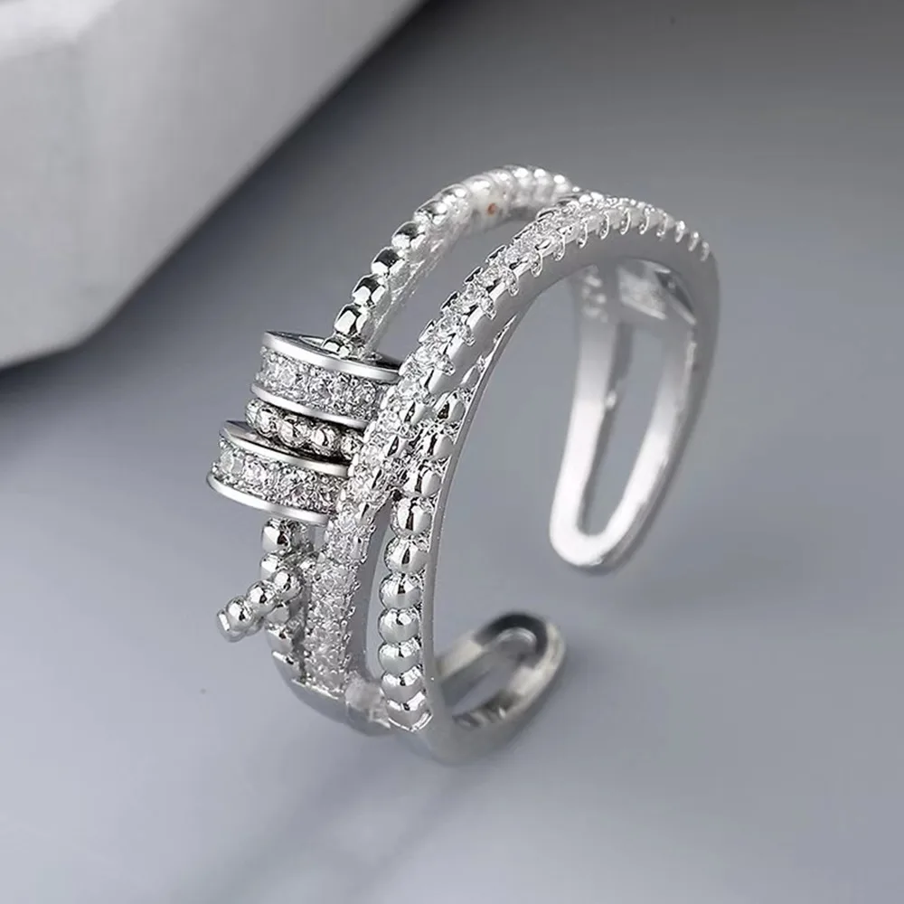 Christmas Gifts Fashion Cubic Zircon Silvery Double Knot Ring Adjustable Opening Rotary Ring For Women Man Engagement Jewelry