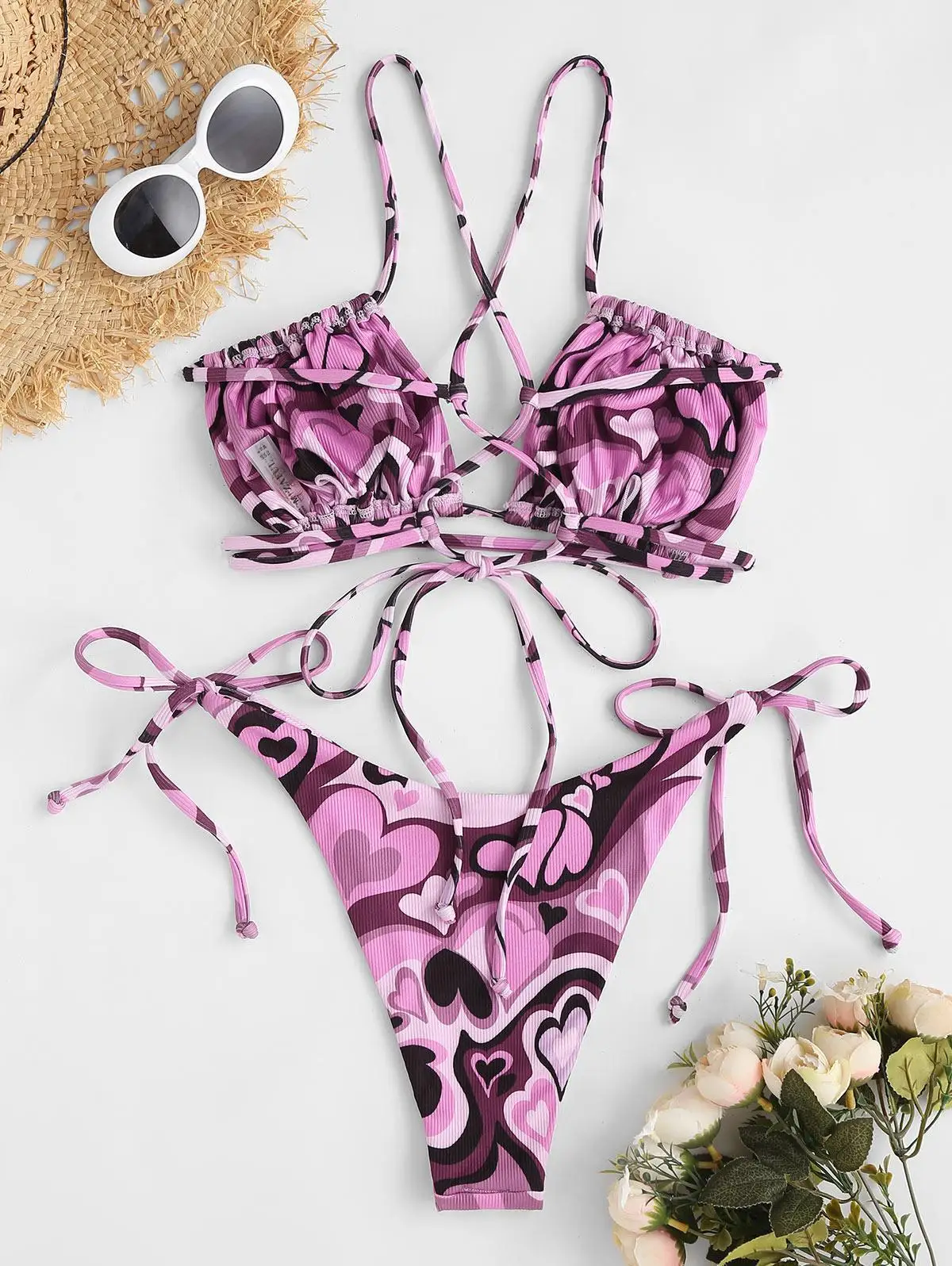 Ribbed Criss Cross Lace Up High Cut Bikini 2024 Women Swimsuit Sexy Swimwear Female Bathers Bathing Swimming Swim Suit Beachwear