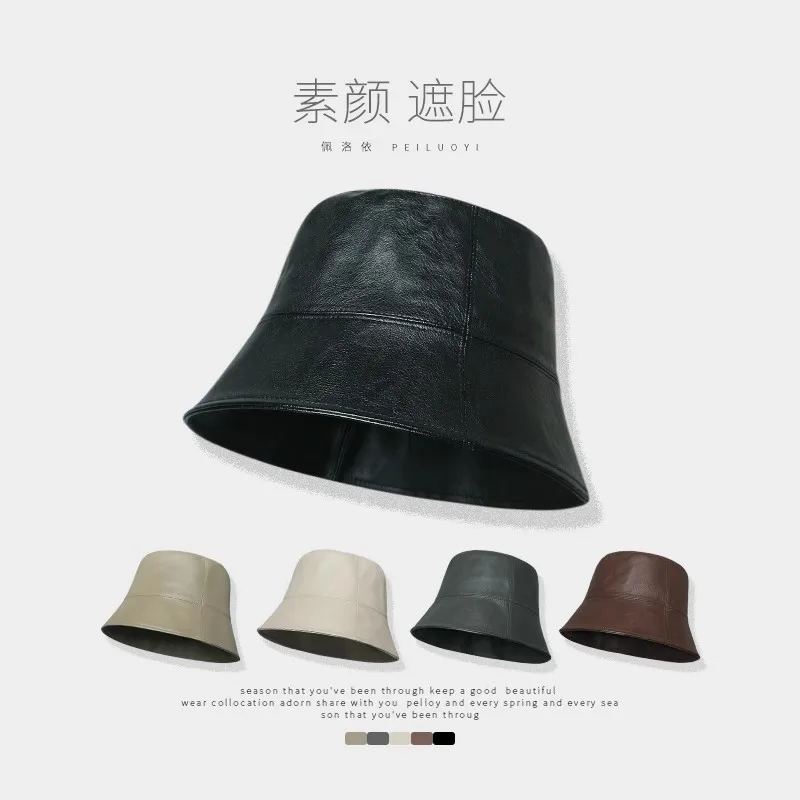 Women Pu Leather Hat Black Autumn and Winter New Leather Versatile Big Head Circumference Bucket Basin Hat Leather