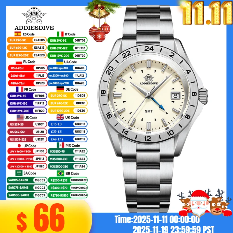 ADDIESDIVE NEW AD2063 38mm GMT Men's Watch Sapphire Glass Calendar 316L Stainless Steel Luxury Waterproof Watches Reloj Hombre