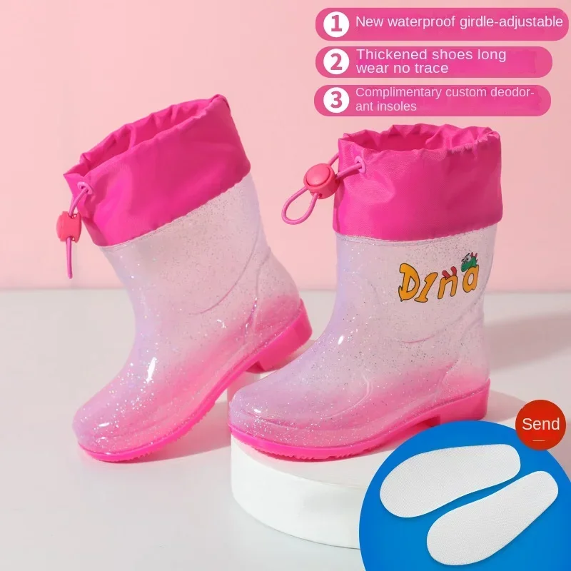 Sequin Transparent Children\'s Rain Boot Drawstring Strap Anti Slip Kids Waterproof Stain Resistant Shoe Covers Outdoor Round Toe