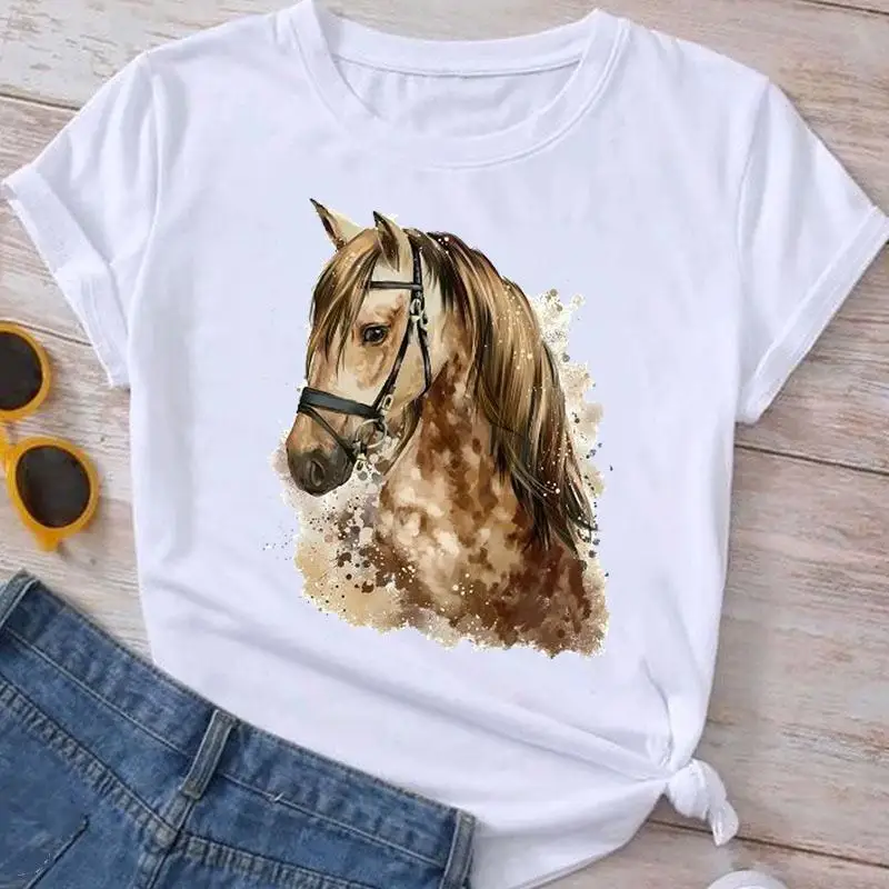 Watercolor Horse Love Graphic T Shirt Fashion Clothes Summer Tee Ladies Cartoon Clothing Short Sleeve Women T-shirt Female Top