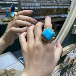 Vintage European Style Exaggerated Turquoise Square Ring Ins Green Natural Stone Antique Open Ring Fashion Jewelry Unique Design