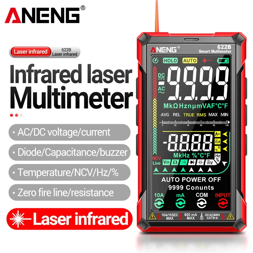 Aneng-multímetro Digital com Lâmpada Laser Capacitância Ohm 622b Tela va 9999 Contagem Tester Multímetro