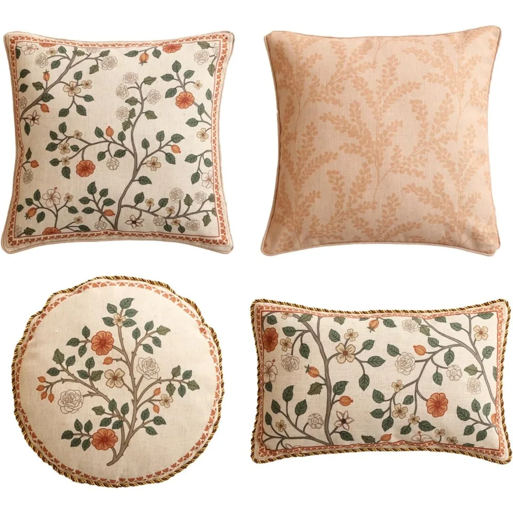 

Набор из 4 винтажных льняных наволочек для поясницы, наволочек для подушек во французском стиле кантри с розовым и синим цветочным узором